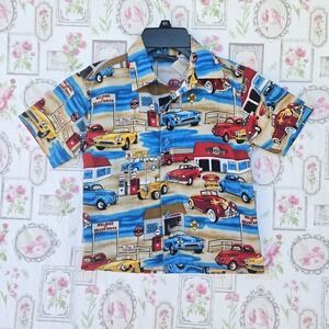 Kids Headquarters Blue Classic Cars Truck Gas Station Aloha Shirt Size 4t